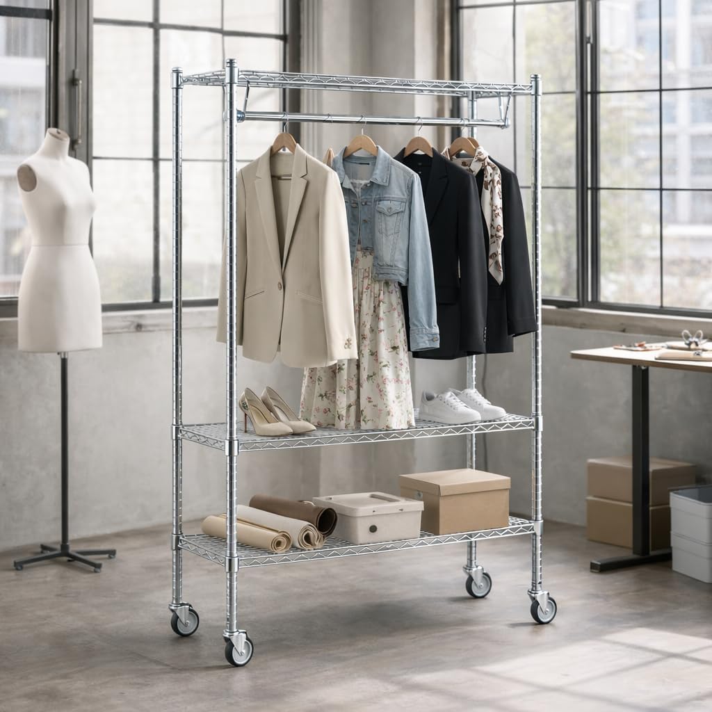 Garment Rack, Chrome Commercial Clothing Rack for Retail, Events & Storage, Adjustable Steel Clothes Rack with High Weight Capacity for Professional Use (Mobile, W18'' x L24'' x H70'')