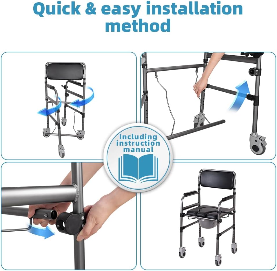 Bedside Commode Chair for Seniors, 3-in-1 Foldable Toilet Chair Wheels 400lbs Heavy Duty, Adjustable Shower Chair PU Seat Backrest, Portable Commode Elderly Disabled, Toilet-Round (OPEN TYPE)