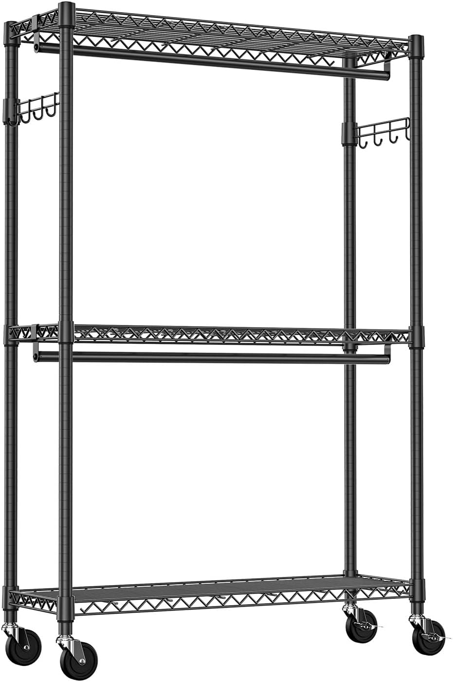 3-Tier High-Strength Rolling Garment Rack Adjustable Wire Shelving Clothing Closet Storage with 2 Hanging Rods Side Hooks Wheels Black 15.7' D x 45.3' W x 79.6' H