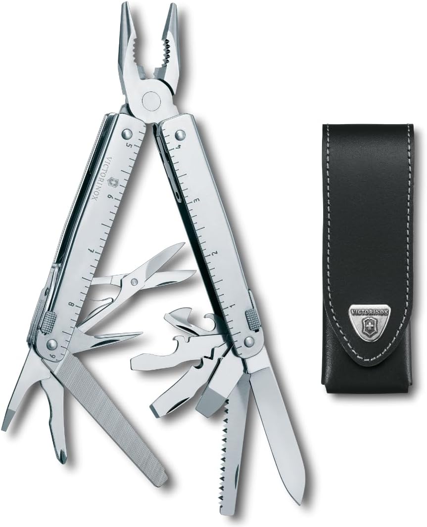 Victorinox Swiss Tool X Swiss Army Knife, 26 Function Swiss Made Multitool with Large Blade, Pliers and Wire Cutter - Silver with Leather Pouch