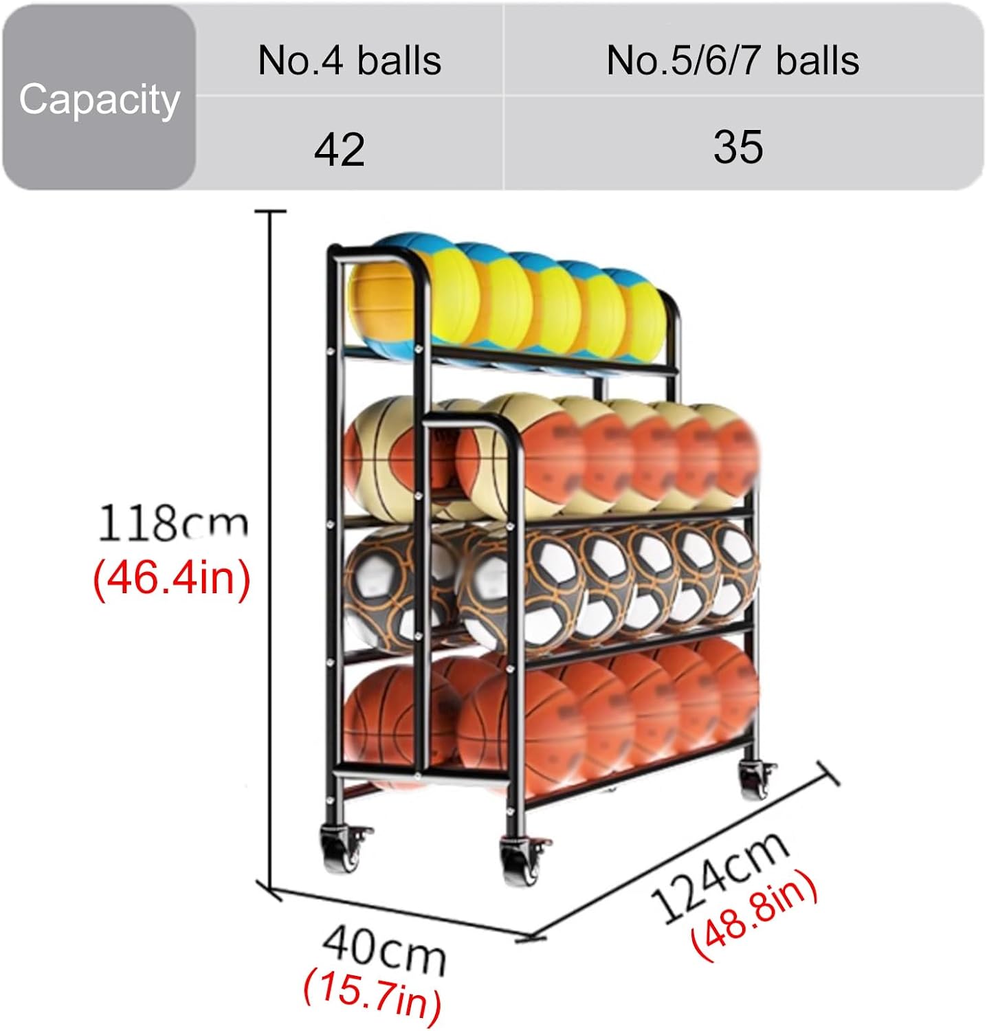 Home Gym Organizer Rack Black Basketball Rack Cart, Lockable Rolling Balls Holder for Gym/Family/Garage/School/Club Display, Freestanding Volleyball Football Organizer Holder