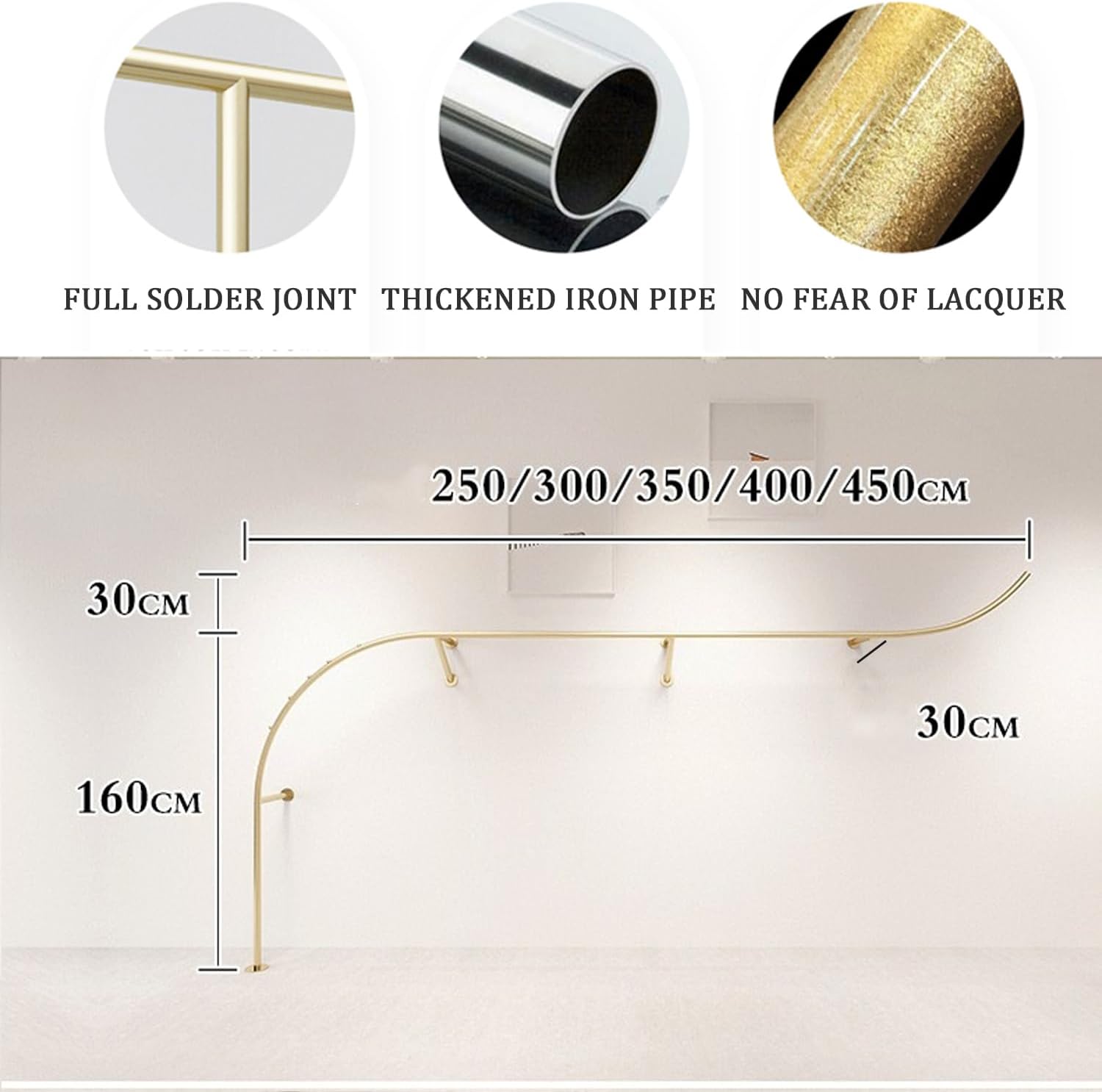 Gold Modern Wall-Mounted Clothing Rack, Heavy Duty, Perfect for Retail Display, Closet Organization, 400cm