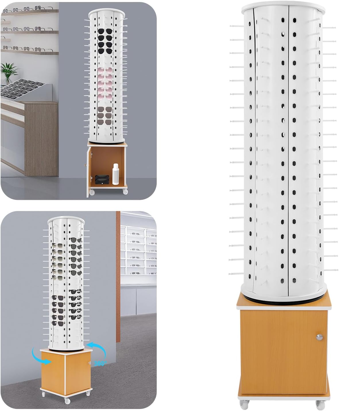 Glasses Display Stand, 114-Pair Eyewear Storage Rack for Sunglasses & Reading Glasses, 360°Swivel Commercial Eyeglass Organizer for Optical Shop, Jewelry Store, Retail Display (White+Yellow)