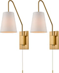 Modern Brass Plug-in Wall Sconces Set of Two Fabric Shade Bedroom Wall Lamp with Pull Chain Switch