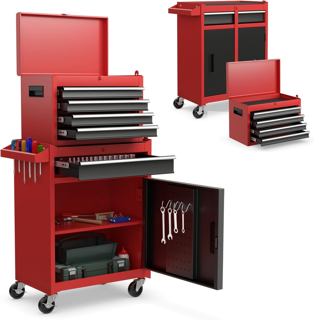 IRONMAX 5-Drawer Rolling Tool Chest, 2-in-1 Detachable Heavy Duty Tool Box Storage Cabinet with Auto Lock, Adjustable Shelf & Hooks, Metal Toolbox on Wheels for Garage Workshop (Black & Red)