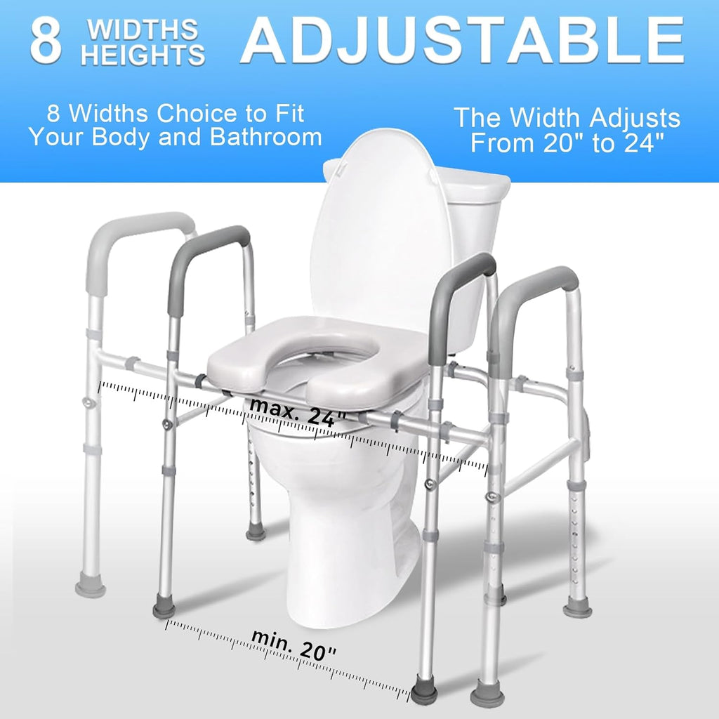 Adjustable Toilet Seat Riser for Seniors with Handles, Widened Commode Seat, rts Up to 300lbs, Ideal for Elderly Height & Width Adjustable (White)