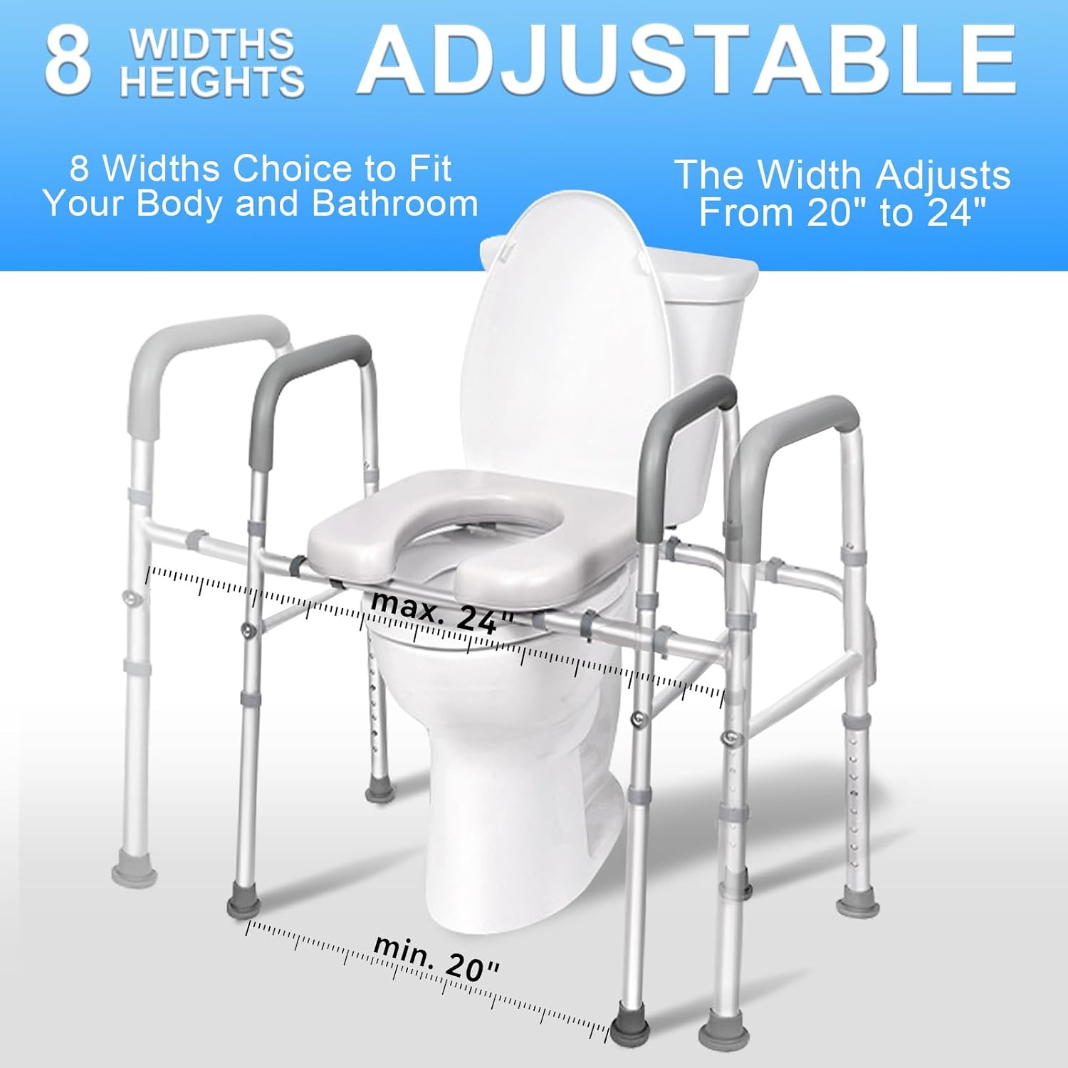 Adjustable Toilet Seat Riser for Seniors with Handles, Widened Commode Seat, rts Up to 300lbs, Ideal for Elderly Height & Width Adjustable (White)
