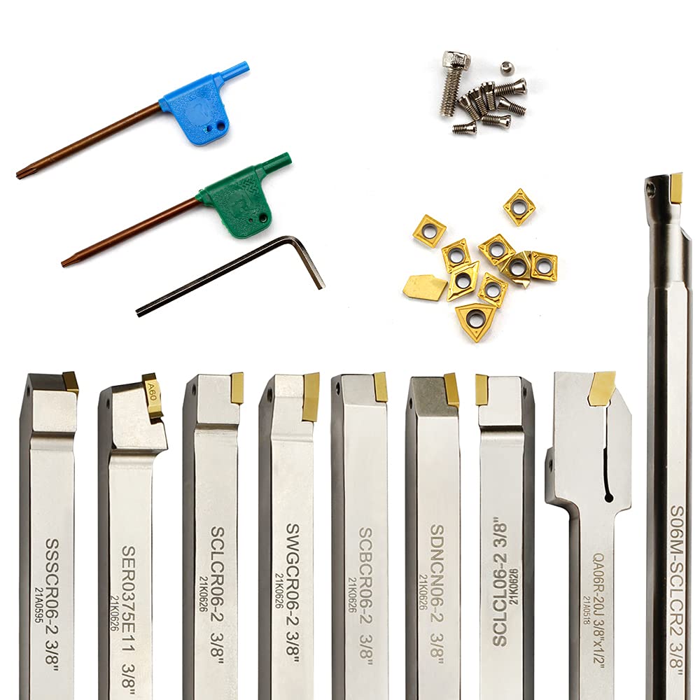 OSCARBIDE 3/8'Shank 9 Pieces/Set,Indexable Lathe Turning Tool Holder and Boring Bar,CNC Heavy-Duty Nickel Plated indexable Insert Holders for Turning Grooving Threading Cut Off