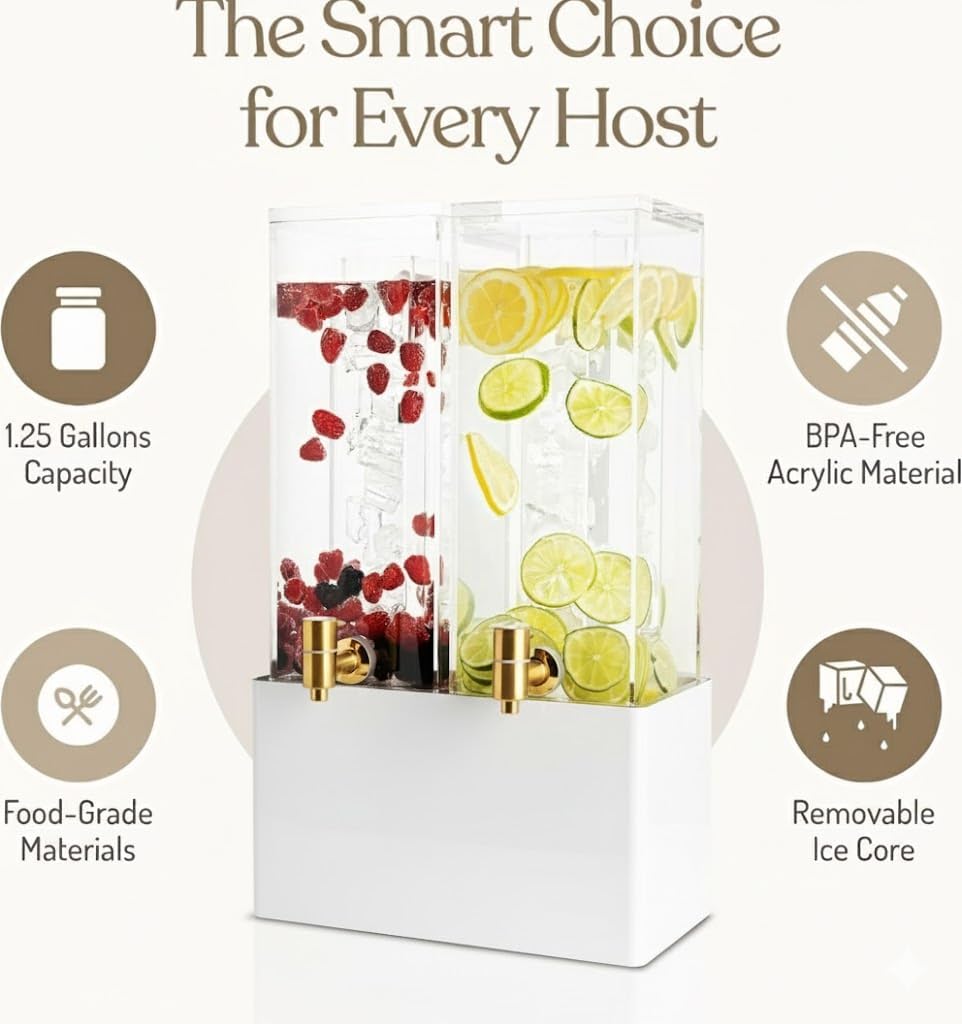 1.25 Gallon Dual Acrylic Beverage Dispenser with Metal Stand – Two-Drink Server with Ice Cores & Stainless Steel Spigots