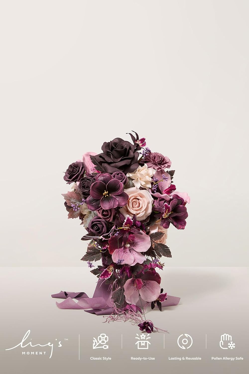 Ling's moment Wedding Artificial Flowers Package, Bridal Bouquet, Bridesmaid Bouquets, Boutonniere for Men, Rose Petals.Plum Lily Grape