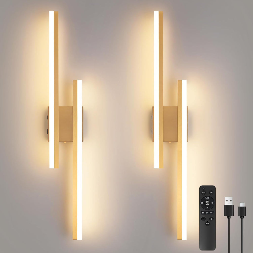 Modern Battery Operated Wall Sconce Set of Two,Gold Wall Light with Remote,Rechargeable LED Wall Lamp Indoor for Bathroom Living Room Bedroom Corridor