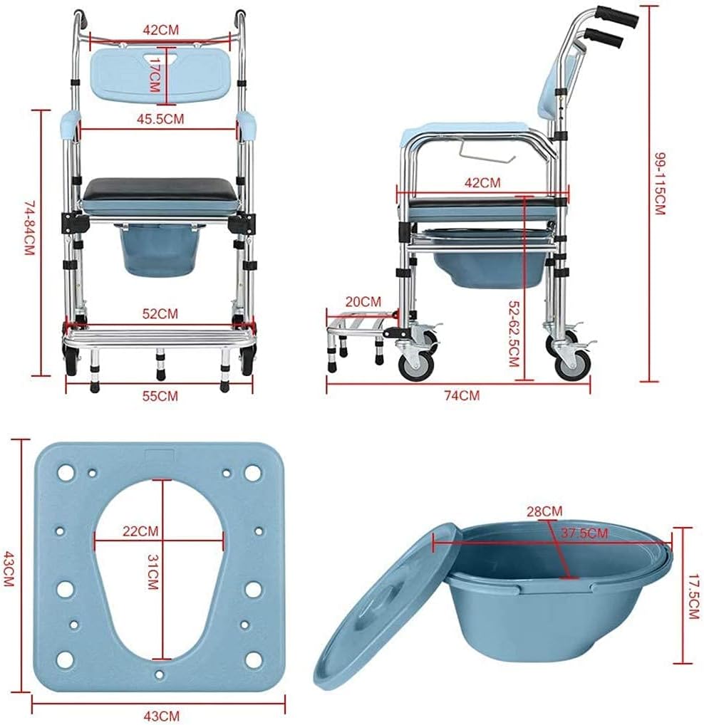 Commode Chair,Toilet Chair Bedside Commode Chair Homecare Toilet Seat with Wheel Safety Steel Frame Toilet Chair Adjustable Height Support Tool, Heavy Duty Drop Arm for Elderly