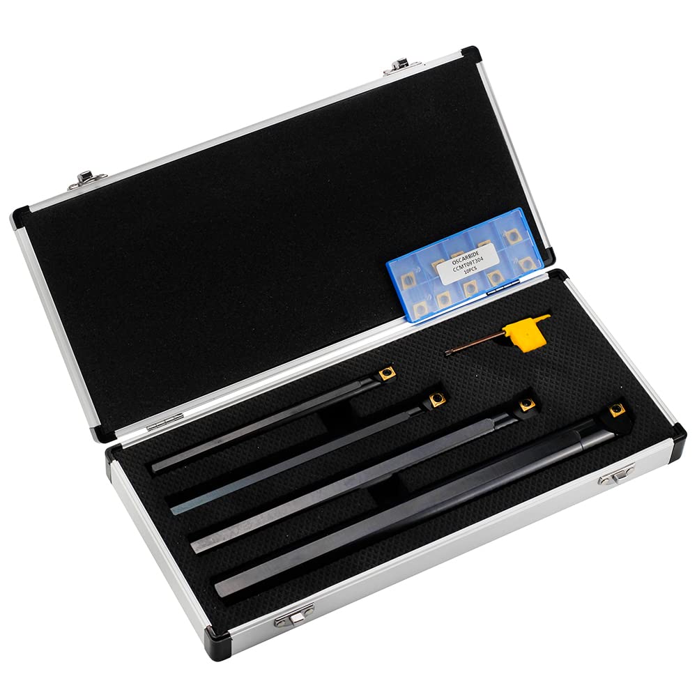 OSCARBIDE Boring Bars 1/2'x7',5/8'x8',3/4'x10' 4 Pieces,1'x12', Indexable Boring Bar Set, Right-Hand Sclcr Boring Bars with 14 Pieces CCMT09T304(CCMT32.5) Carbide Inserts