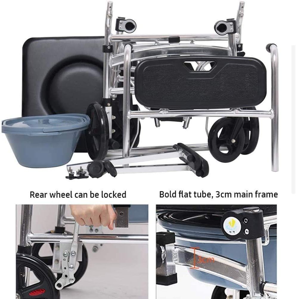 Adjustable Folding Bedside Commode Chair with Wheels Drop Arm & Safety e Portable Toilet Seat for Elderly Seniors & Disabled – Shower & Bathroom Use