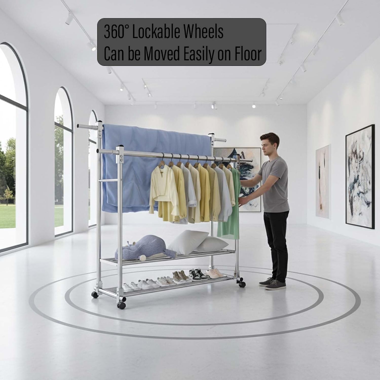 YSUEFIJO Mobile Stainless Steel Laundry Hanger, Double Bars Telescopic Extendable Clothes Drying Rack, Foldable Clothes Organizer, Garment Rack with Wheels, Indoor Outdoor Use