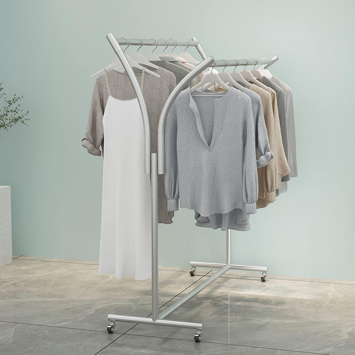 Clothes RackHeavy Duty Metal Rolling Garment Rack with Wheel Modern Boutique Display Clothing Rack Gold Double Bar Hanger Retail Display Floor Standing Rack for Retail Store S,C-with Ers 150*155*50cm