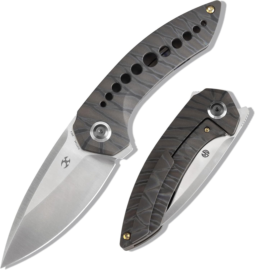 KANSEPT ODD 21 Pocket Folding Knives for Camping Hiking Folding Knife 3.06'' Satin CPM 20CV Blade EDC Knife with Titanium with Tiger Stripe Finish Handle for Men and Women Everyday Carry K1077A4