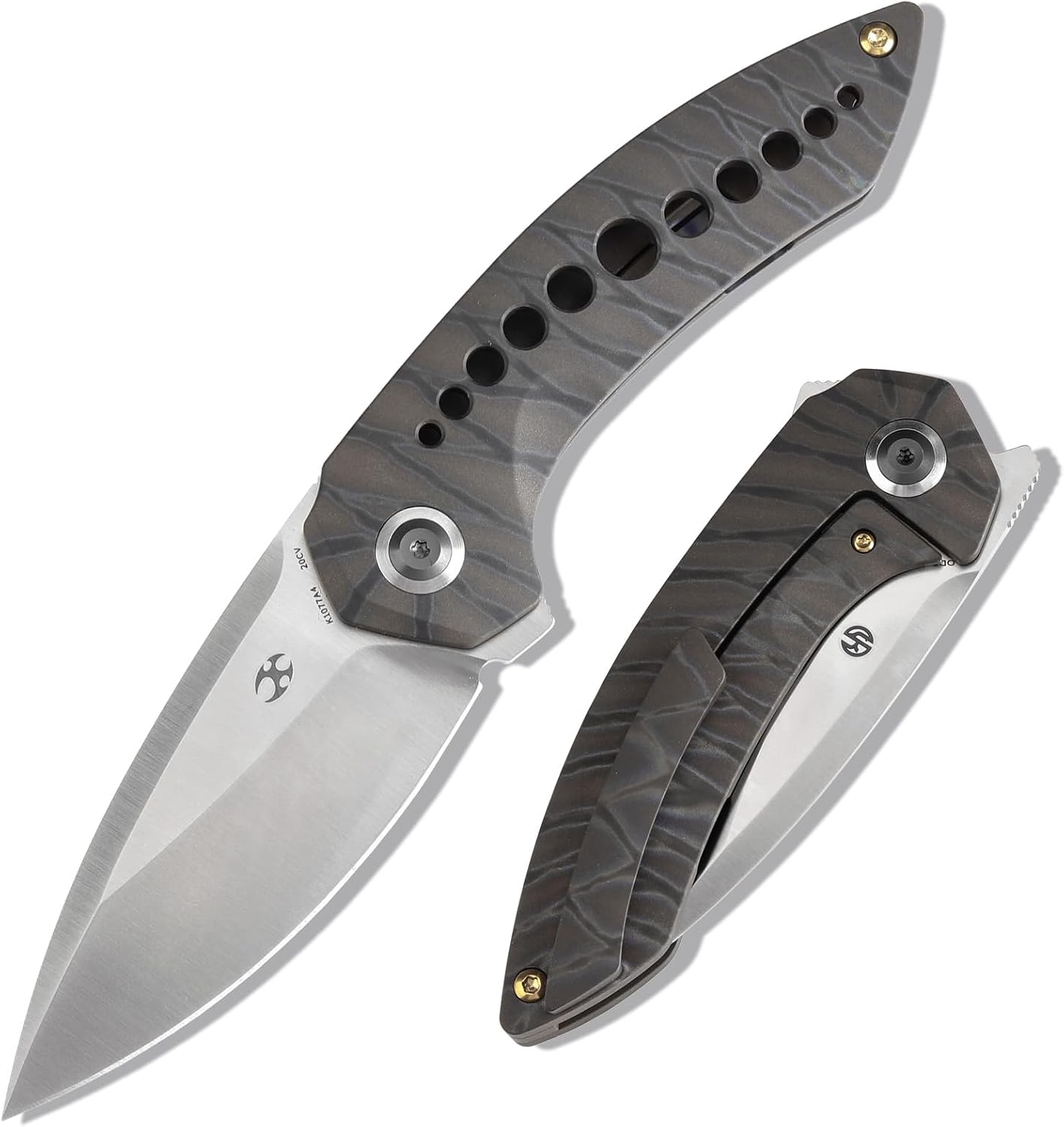 KANSEPT ODD 21 Pocket Folding Knives for Camping Hiking Folding Knife 3.06'' Satin CPM 20CV Blade EDC Knife with Titanium with Tiger Stripe Finish Handle for Men and Women Everyday Carry K1077A4