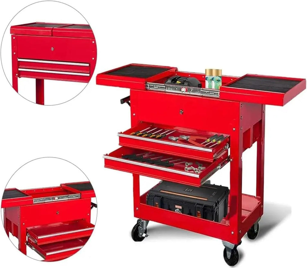 Tool Box Rolling Garage Workshop Tool Organizer with Directional Wheels, 2 Drawer Tool Chest Tray with Top Work Surface and Storage Push Cart Hardware Toolbox