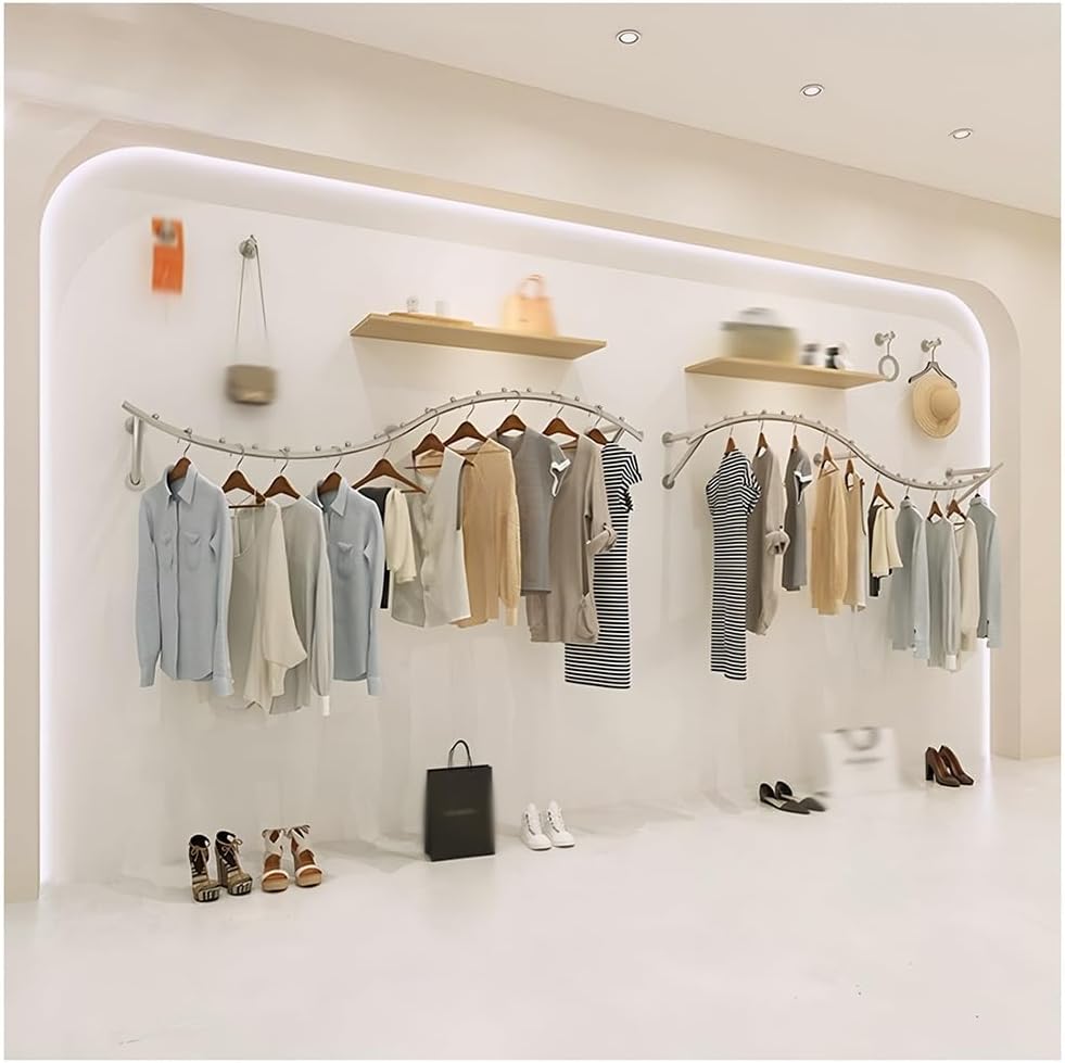 LXHELIVERY Gold Clothing Rack For Boutiques, Metal Clothing Store Display Stands Wall Mounted Retail Display Garment Rack For Clothes Stores And Commercial(Silver,120 cm)