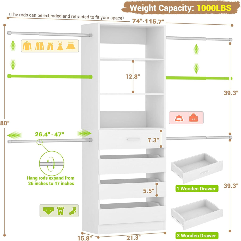 Aheaplus Closet System, 4-9Ft Closet Organizer with 4 Wooden Drawers, Wood Closet Organizer System with Tower, Walk-in Closet Organizer Wardrobe Clothes Rack with 4 Hanging Rods, Garment Rack, White