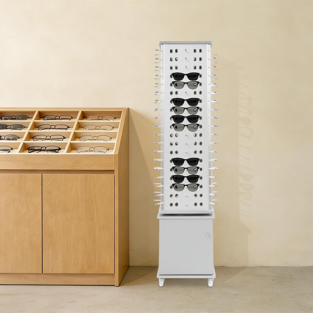 Rotating Sunglass Stand Display Rack, 152 Pairs 4-Sided Eyeglass Retail Display Stand, Floor Standing Eyewear Holder Organizer with Storage Cabinet&Wheels, Rolling Eyeglasses Turning Stand for Store