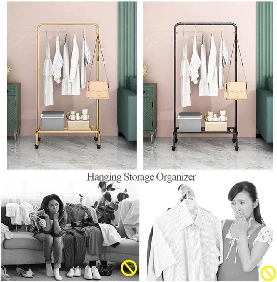 Heavy-Duty Rolling Garment Rack with Wheels, Side Hooks & Storage Shelf, High Capacity Organizer for Bedroom & Laundry Room