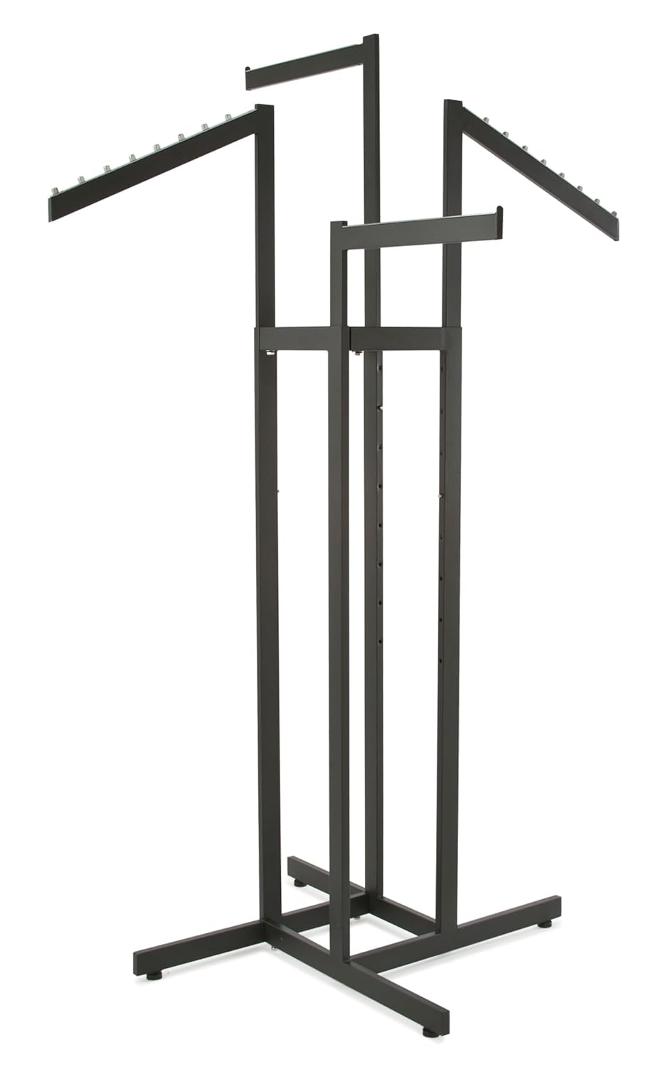 Econoco 4-Way Clothing Rack, Heavy Duty Adjustable Garment Display with 2 Straight and 2 Slanted Arms, Square Tubing, Black