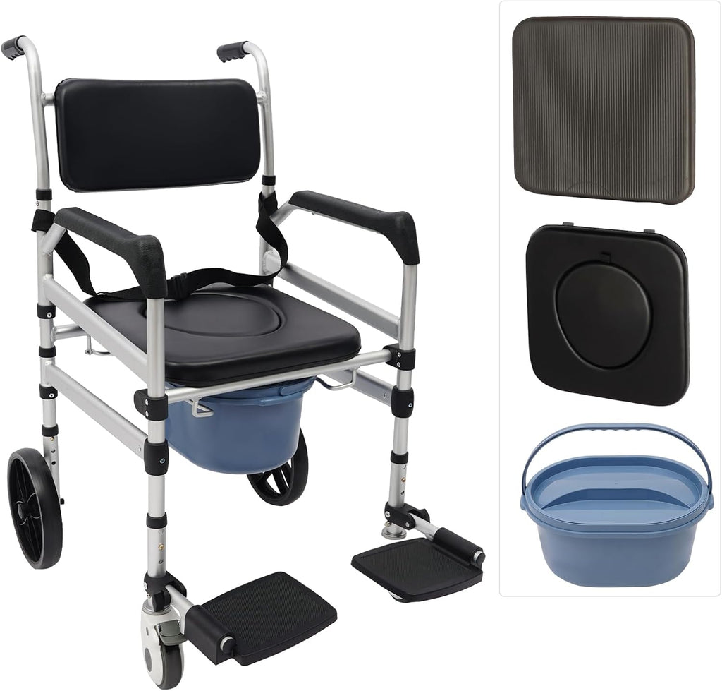 Foldable Shower Chair with Wheels, Rolling Shower Wheelchair Bedside Commode Chair with Arms, Portable Height Adjustable Bathroom Shower Chair for Seniors Adult Disabled (O-Shaped, with Sofa Cushion)