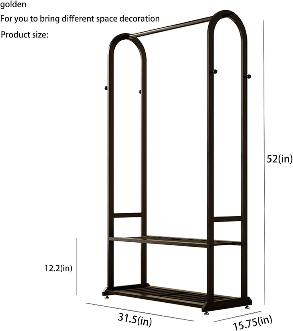 Sturdy metal clothes rack,Black freestanding clothing rack with bottom shelves and 6 side hooks,garment rack for hanging clothes,Wardrobe rack for Bedroom or cloakrooms