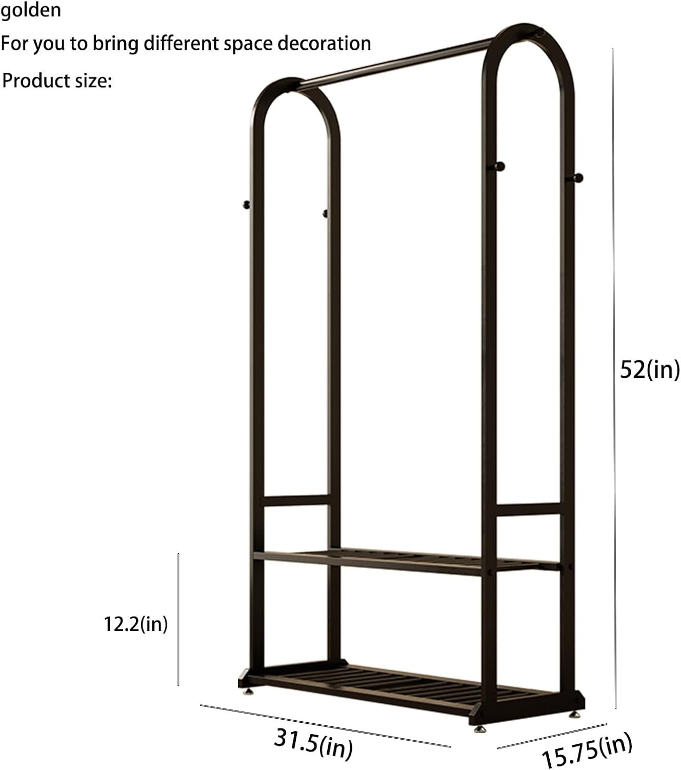 Sturdy metal clothes rack,Black freestanding clothing rack with bottom shelves and 6 side hooks,garment rack for hanging clothes,Wardrobe rack for Bedroom or cloakrooms