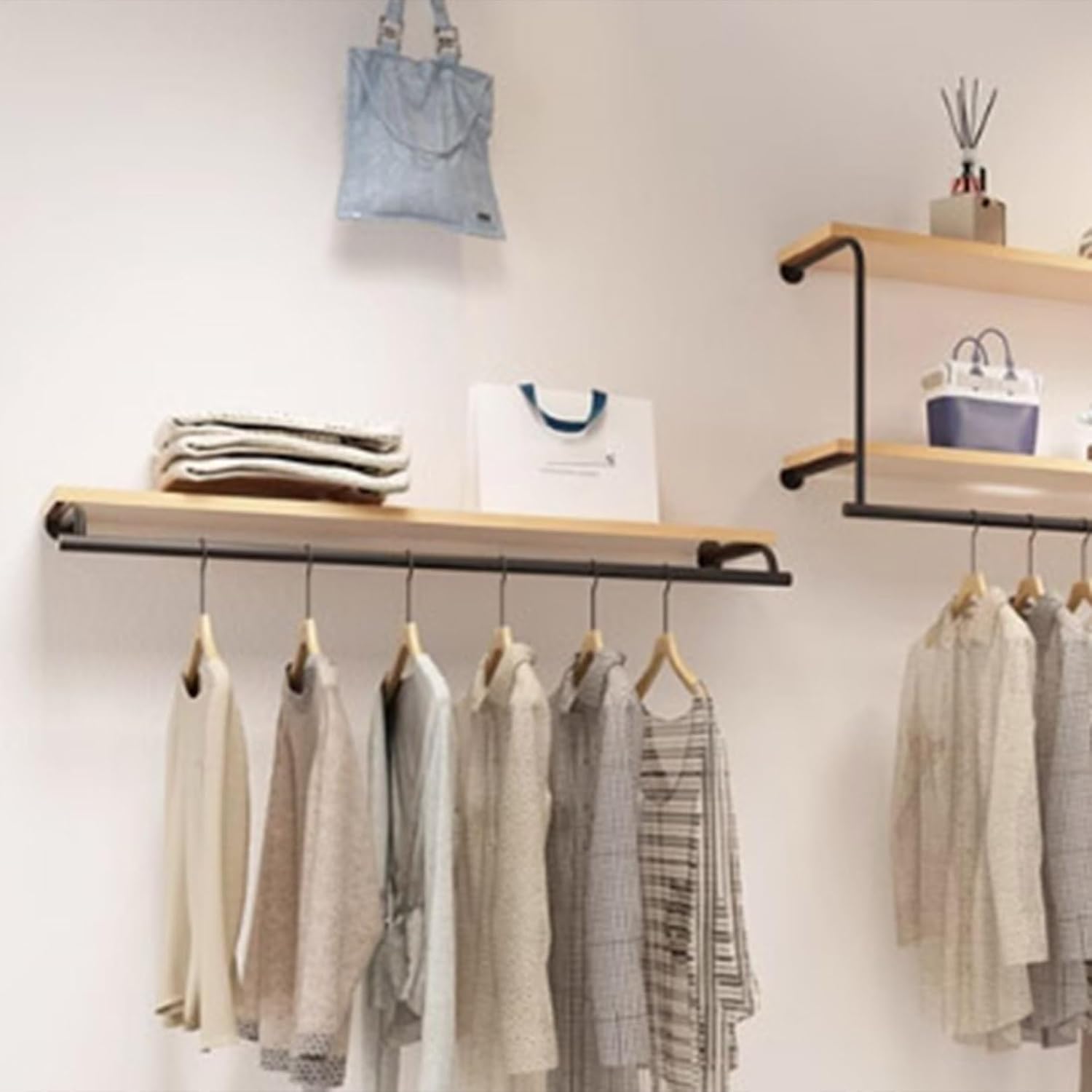 Wall Mounted Garment Rack Clothes Racks with Top Shelf Clothing Rack with Hanging Rod,Clothing Store Floating Shelf,Retail Display Clothes Racks Organizer Hanger Metal(White,100CM/39in)