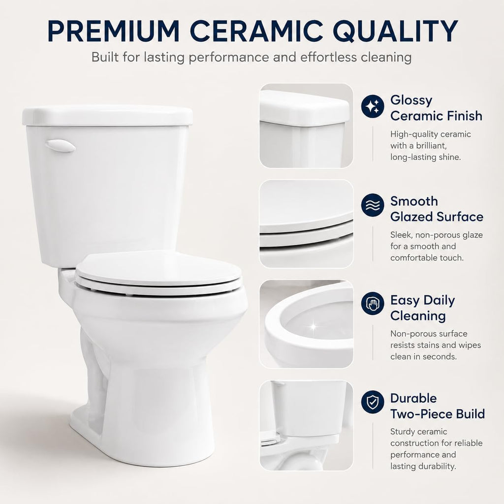 17' Round Two-Piece Toilet with Slow-Close PP Seat – Upgraded Power Flush, Single Side Handle, Includes Tank & Complete Installation Kit – Great for Guest Bathroom or Basement