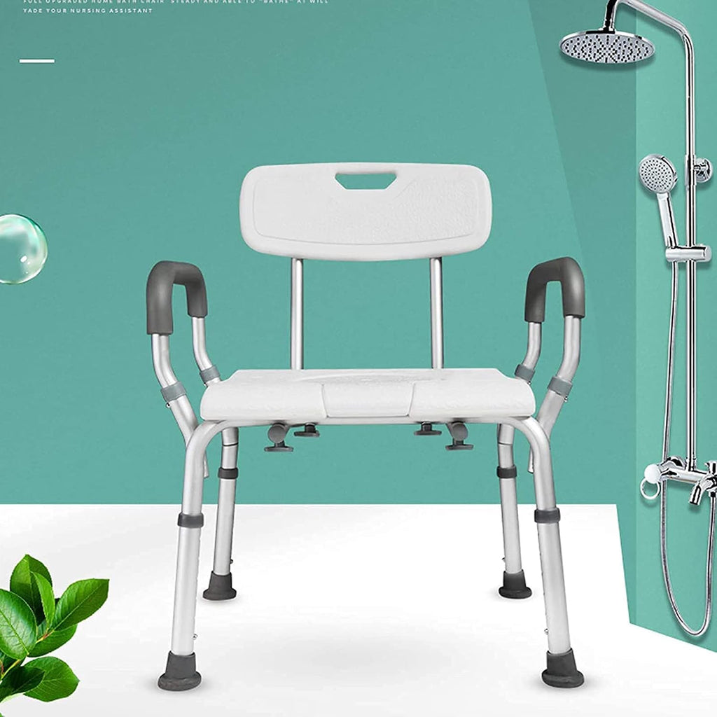 Shower Chair,U-Shaped,Elderly,Heavy Duty,Height Adjustable Commode Seat,for Seniors Disabled Shower Auxiliary,with Arms and Back Bathroom Chair Toilet Seat Elevators Non-Slip (White B)