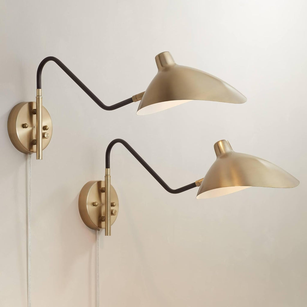 360 Lighting Colborne Mid Century Modern Swing Arm Wall Lamps Set of 2 Antique Brass Gold Black Plug-in Light Fixture Up Down Metal Shade for Bedroom Bedside Living Room Reading House Home
