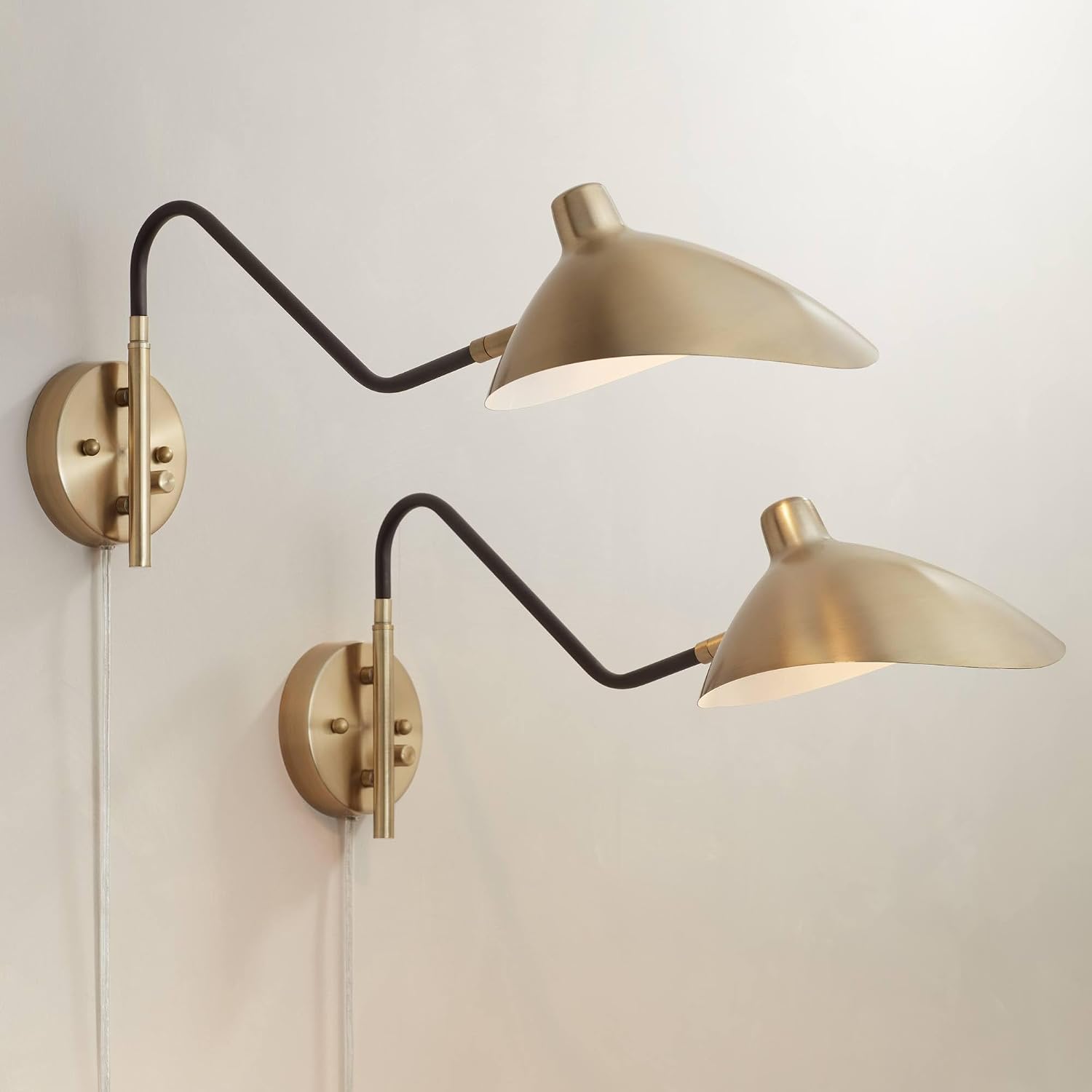360 Lighting Colborne Mid Century Modern Swing Arm Wall Lamps Set of 2 Antique Brass Gold Black Plug-in Light Fixture Up Down Metal Shade for Bedroom Bedside Living Room Reading House Home