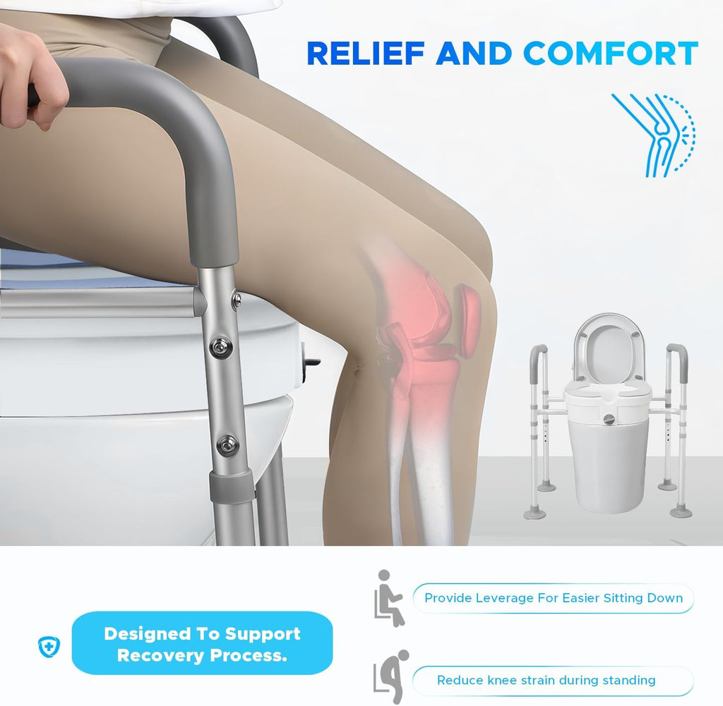 Raised Toilet Seat with Handles– 4-Legged Adjustable Toilet Riser for Seniors, Thickened Aluminum Alloy Frame, Non-Slip Safety Rails, Enhanced Stability (Grey & White)