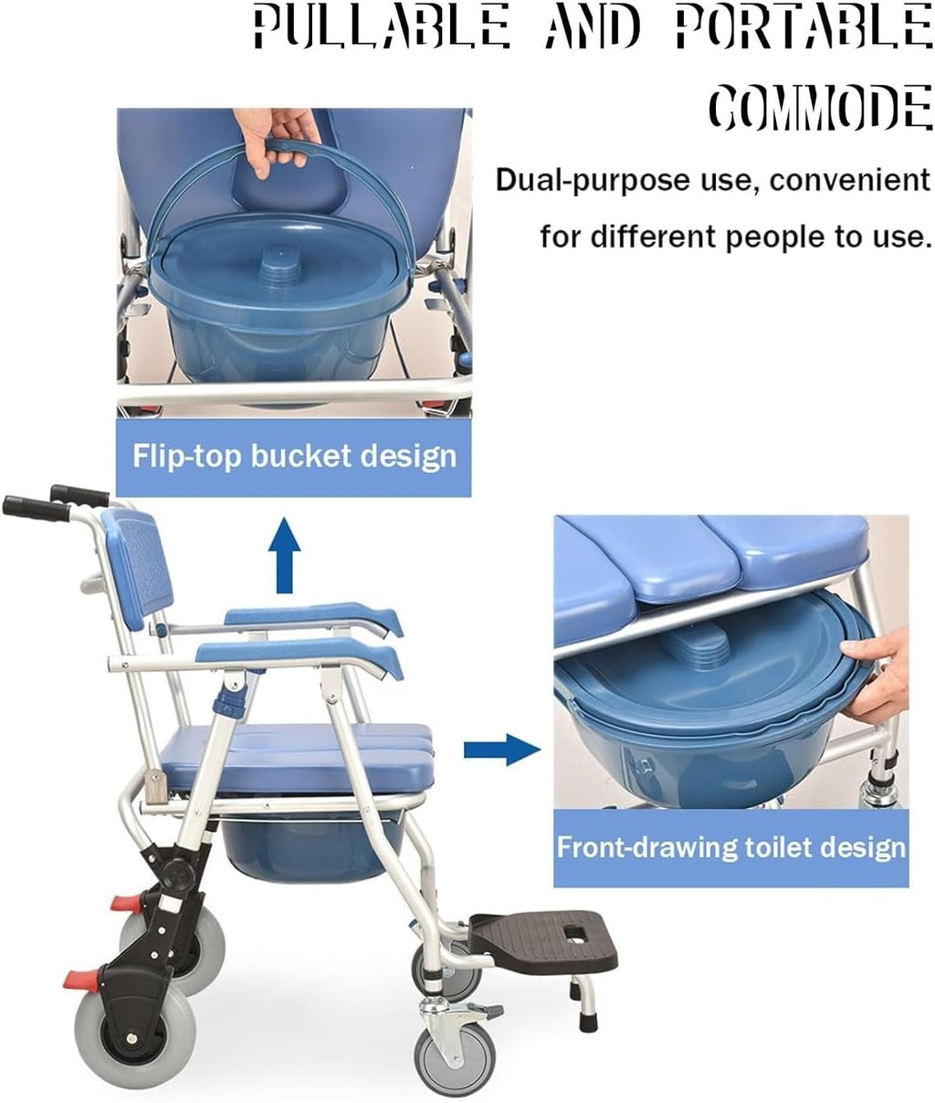 Commode Chair for Seniors with Wheels, 3-in-1 Toilet Shower Wheelchair for Seniors Injured Person Pregnant Shower Chair Foldable with Brake and Oval Commode, up to 150Kg