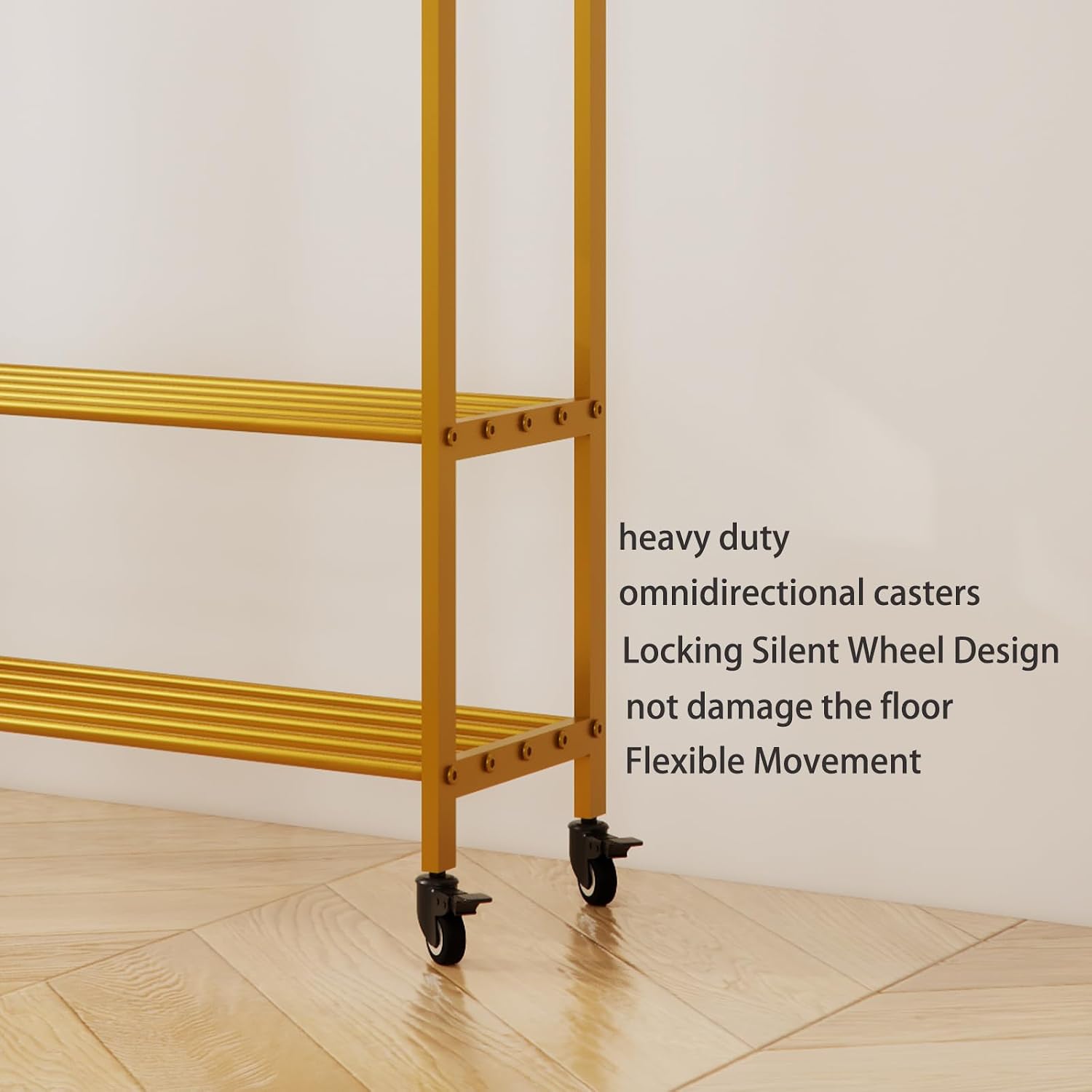 Gold Rolling Garment Rack with Shelves and Hooks,Freestanding Modern Clothing Rack with Wheels,Large Clothes Hanging Rack for Bedroom,Closet,Entryway,Wardrobe,Boutique Display