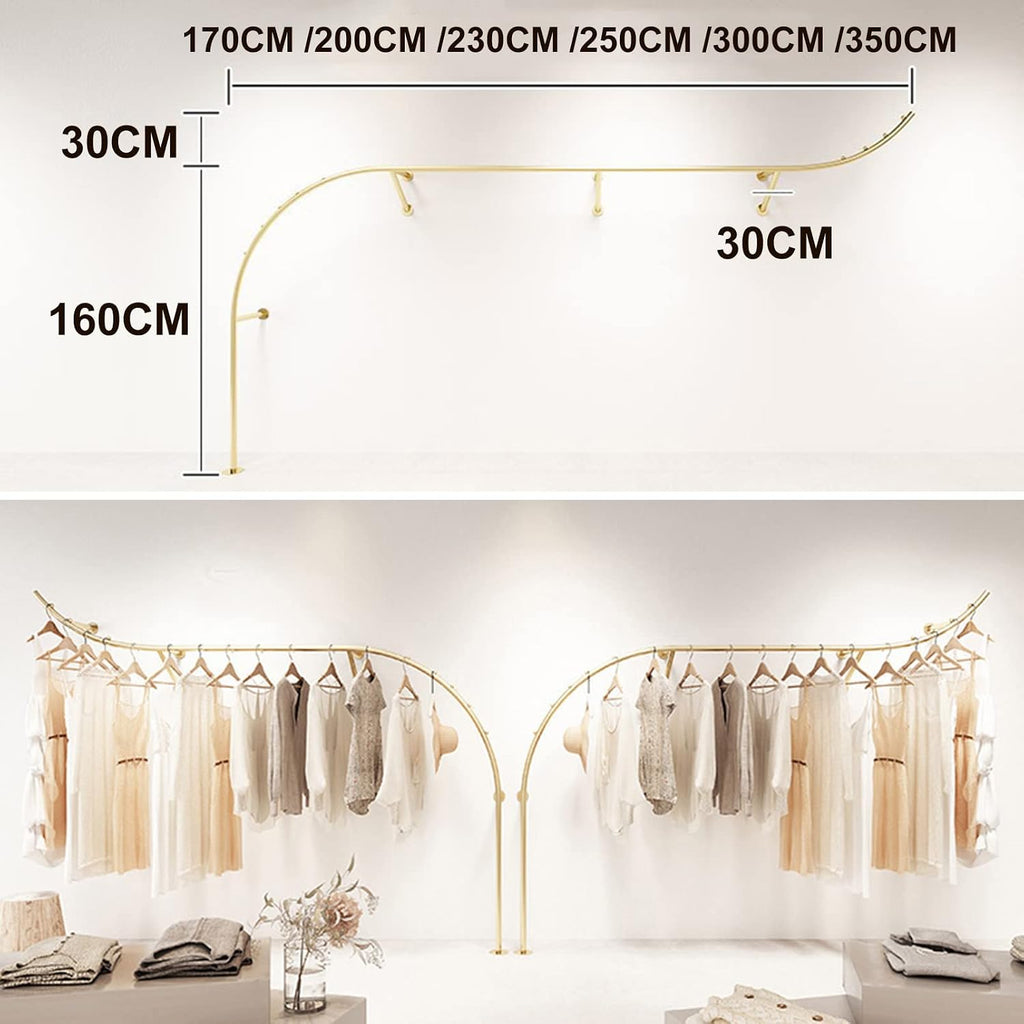 2 Pcs Clothing Store Display Stands Garment Rack, Wall Mounted Storage Clothes Shoe Bag Pipe Shelf, Retail Clothes Hanger Entrance Porch Organization Hanging Rod, Gold Closet Organizer Towel Rack