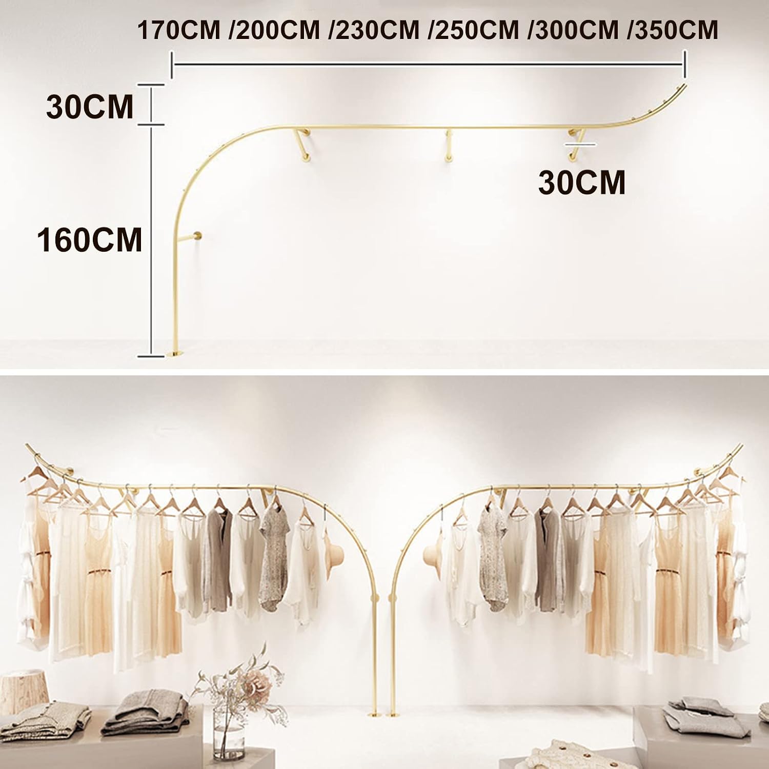 2 Pcs Clothing Store Display Stands Garment Rack, Wall Mounted Storage Clothes Shoe Bag Pipe Shelf, Retail Clothes Hanger Entrance Porch Organization Hanging Rod, Gold Closet Organizer Towel Rack