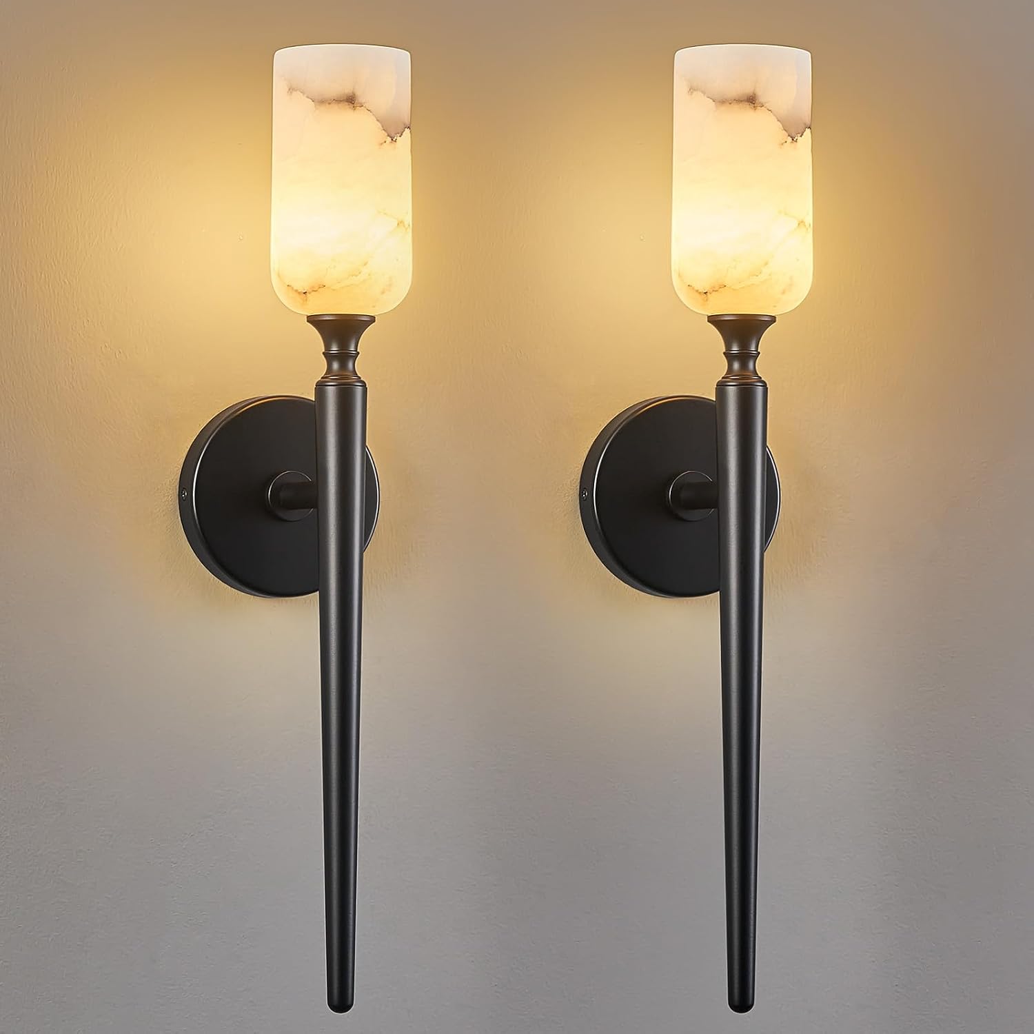 LMQNINE Natural Alabaster Wall Sconce Modern Black Wall Sconces Set of Two Bathroom Sconce Wall Decor Antique Marble Sconces Wall Lighting for Bedroom Living Room Entryway Hallway Staircase