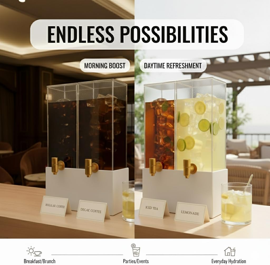 1.25 Gallon Dual Acrylic Beverage Dispenser with Metal Stand – Two-Drink Server with Ice Cores & Stainless Steel Spigots