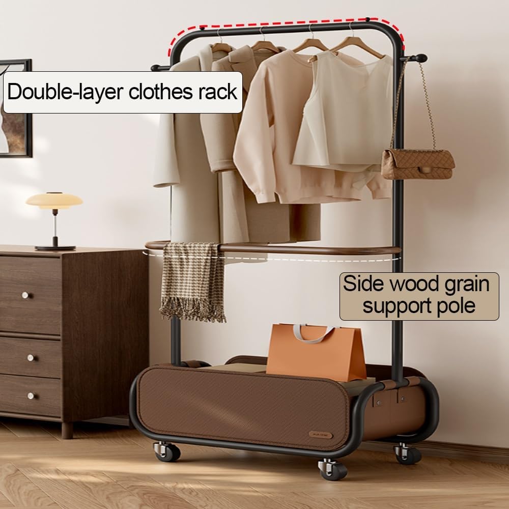 Clothes Rack with Double Rod, Garment Rack with Oxford Cloth Storage Basket, Rolling Laundry Cart, Coat Rack Freestanding with Wheels for Living Room, Bedroom(White,80cm-31.5cm)