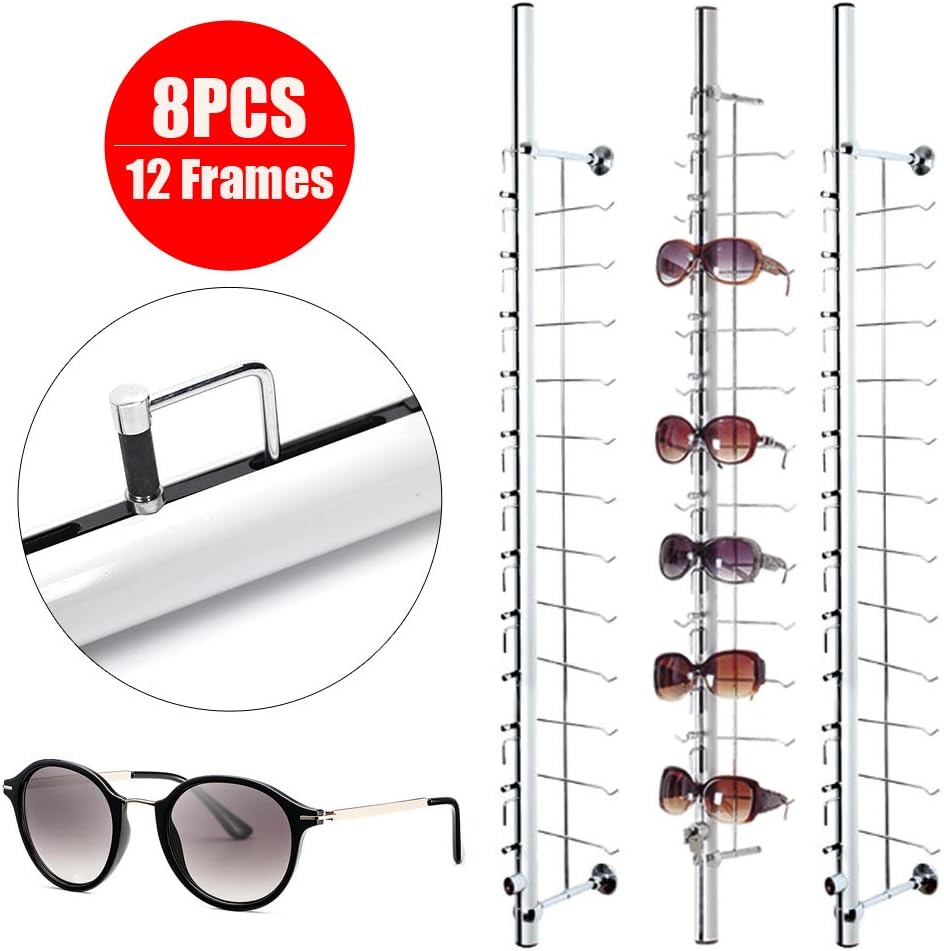 8 Pcs/set Glasses Rack Eyeglass Frame Stand 3.6ft Hold 12 Frames Sunglasses Holder Organizer Storage Eyewear Glasses Display Stand Column Decorative Display Rod with Lock