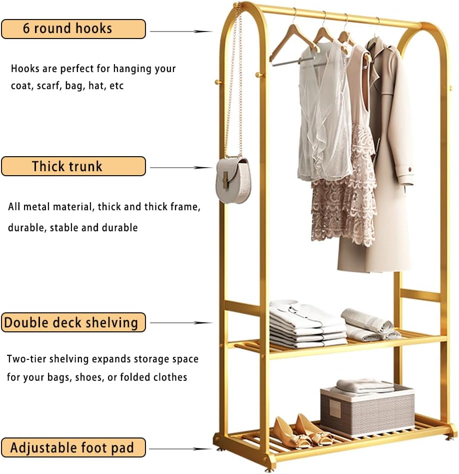 Gold Clothing Rack,Metal Garment Rack with Bottom Storage Shelves and 6 Side Hooks,modern Sturdy clothes racks for hanging clothes,Freestanding Wardrobe Rack for Bedroom or Boutique (L:23.6in)