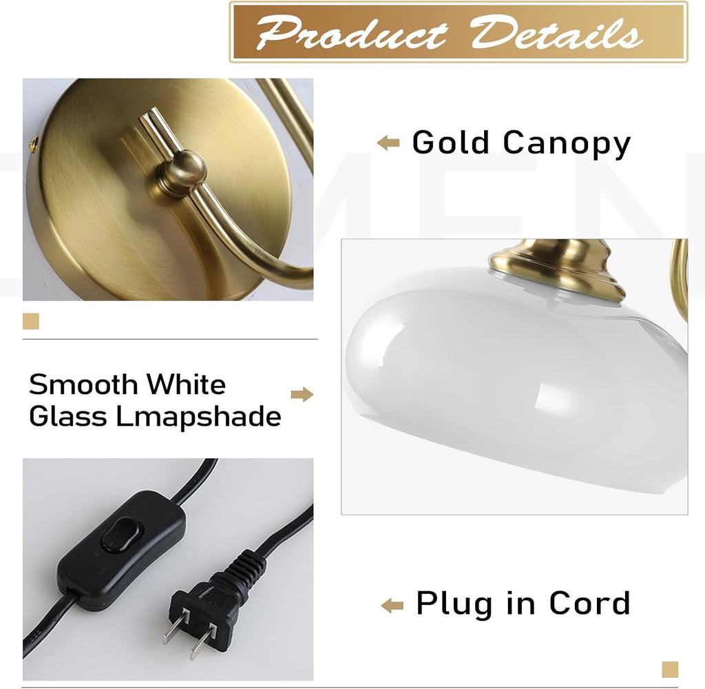 KCO Lighting Glass Dome Wall Sconce Plug in Mid Century Modern Wall Lamp Gold Wall Light Fixtures Vintage Milk Glass Wall Sconces Set of Two