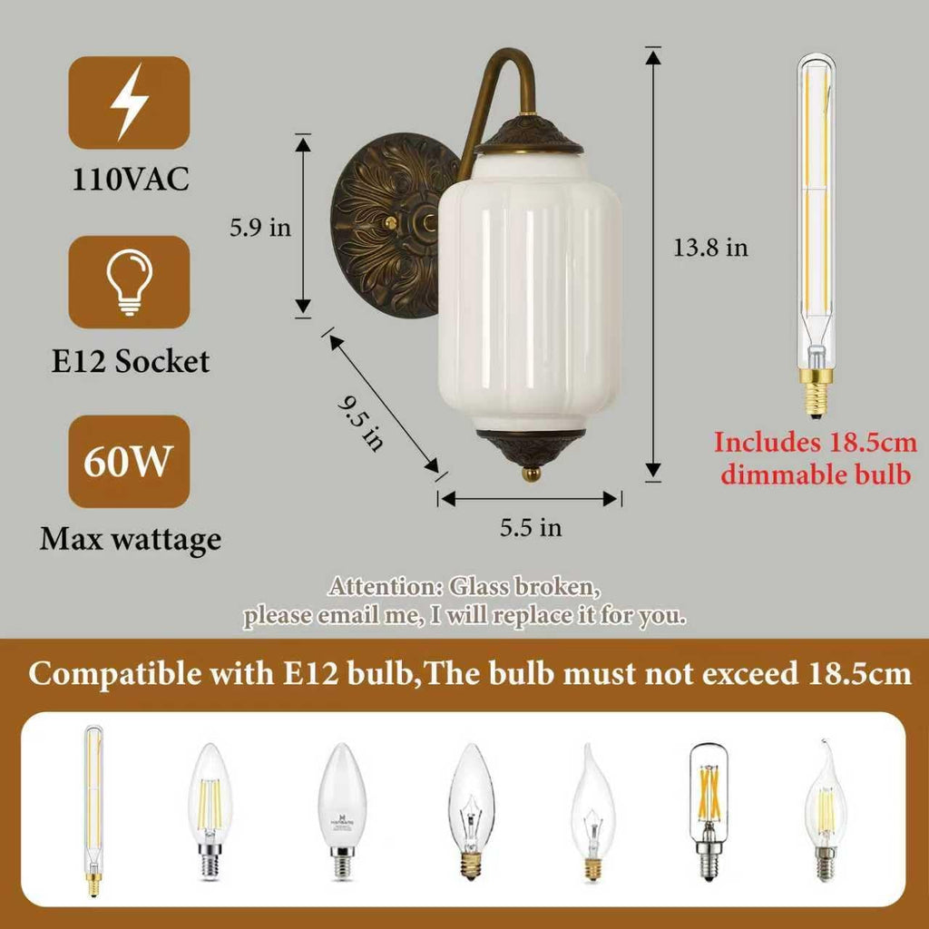 Vintage Milk Glass Wall Sconce - Set of 2 White Dimmable Wall Mount Lighting with Bulbs - Antique Brass Gold Sconces - Mid Century Vanity Light Fixture for Bathroom Bedroom Living Room Hallway Decor