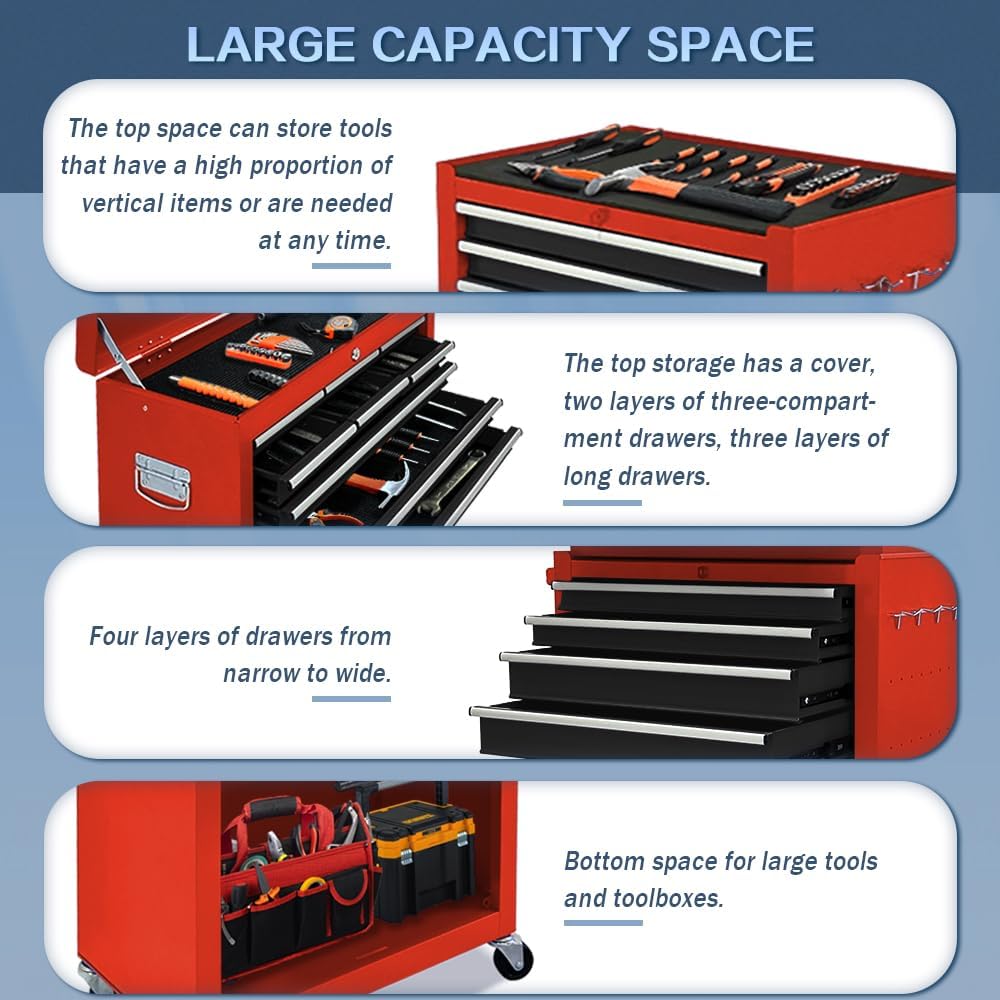 13-Drawer Rolling Tool Chest, 2-in-1 Heavy Duty Detachable Storage Cabinet with Lockable Wheels & Removable Top Box, 600 lbs Capacity for Mechanics, Garage Workshop (Red＆Black)
