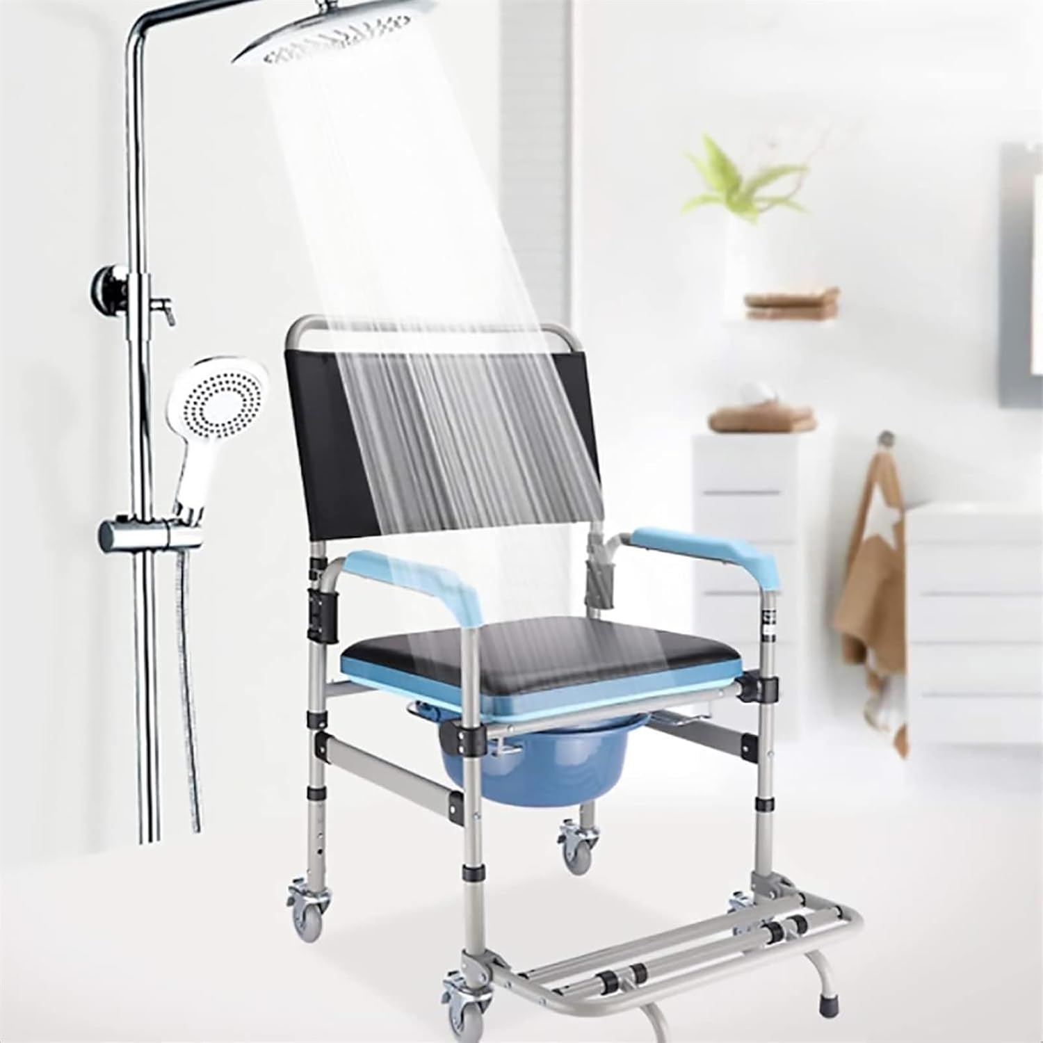 Bedside Commode,Toilet Seat with Handles Commode Chair with Wheels with Built-in Toilet Non-Slip Shower Chair with Padded seat for Any
